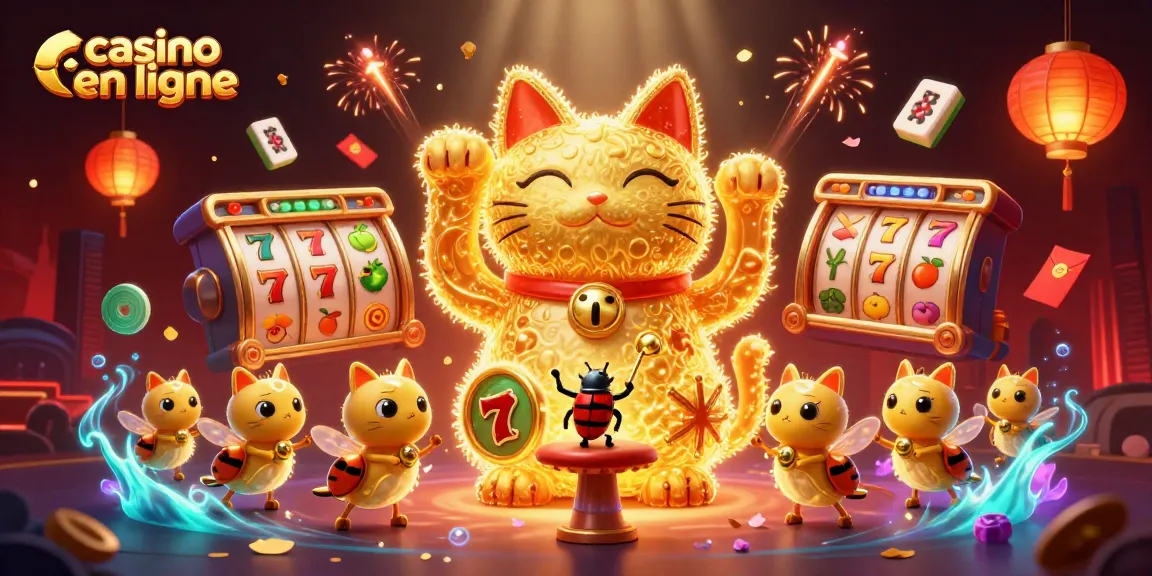 Jouer au casino en ligne avec un chat chanceux animé entouré de symboles de jeux.