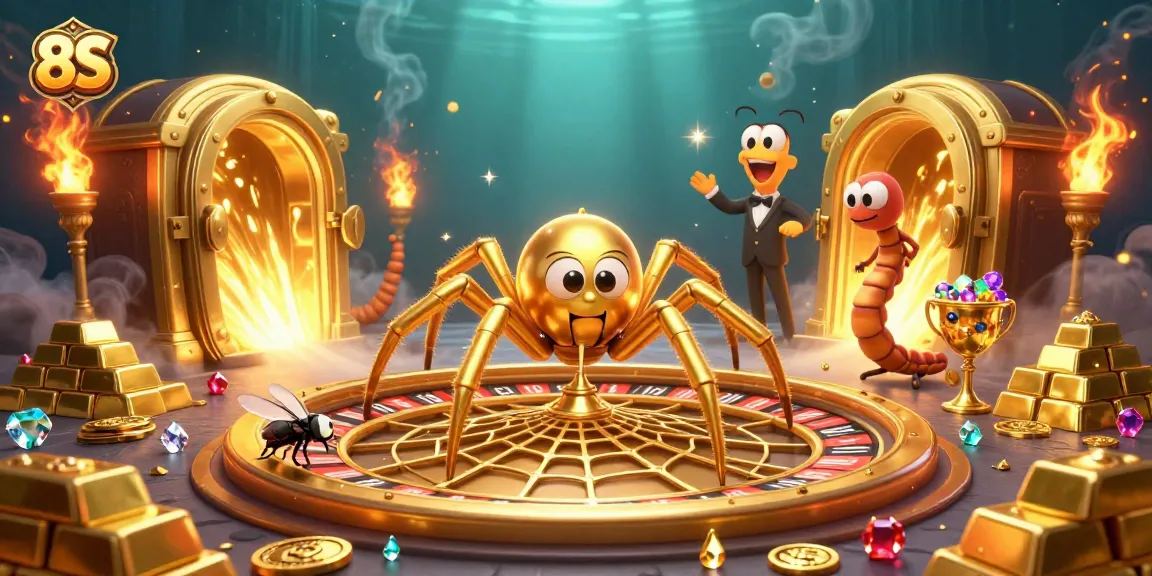 Experience the thrills of 8S with a vibrant 3D spider and centipede croupier illustration.