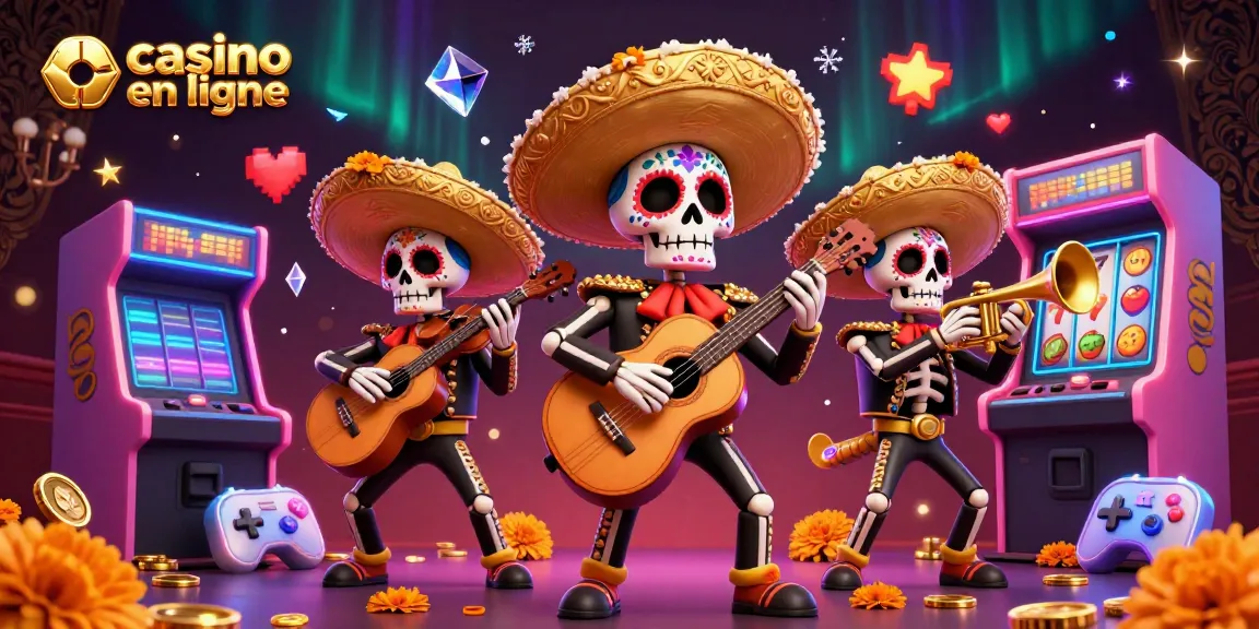 Découvrez l'expérience dynamique du casino en ligne avec une illustration colorée de mariachis, entourés de machines à sous.