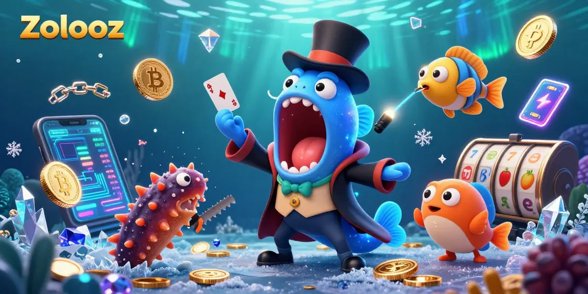 Zolooz showcases a magical deep-sea casino scene with vibrant crypto elements and slot symbols.