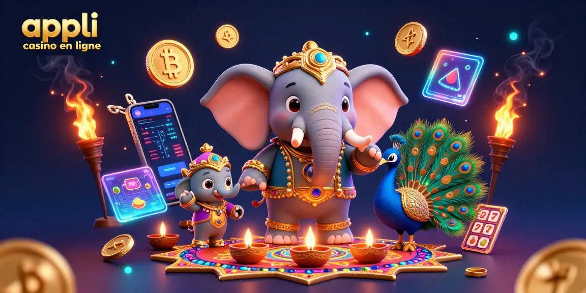 Appli casino en ligne : Profitez d'une expérience immersive avec un éléphant en or et des éléments de casino animés.