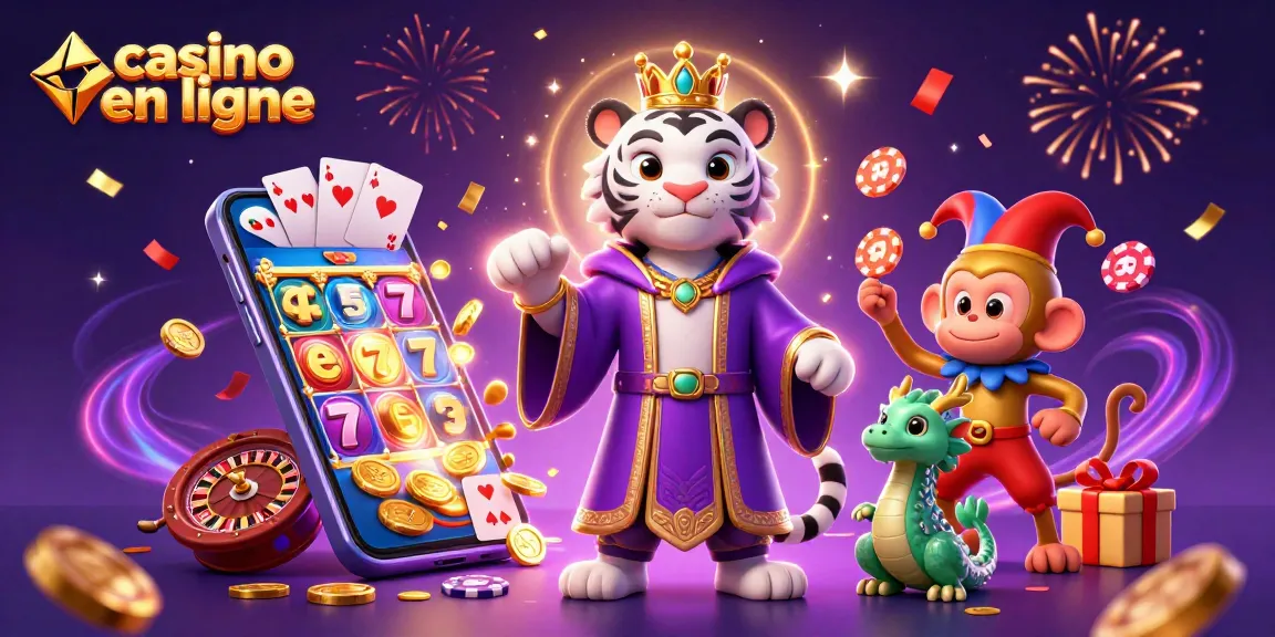 Visuel captivant de casino en ligne avec un tigre, un singe jongleur et un dragon, illustrant une ambiance festive.