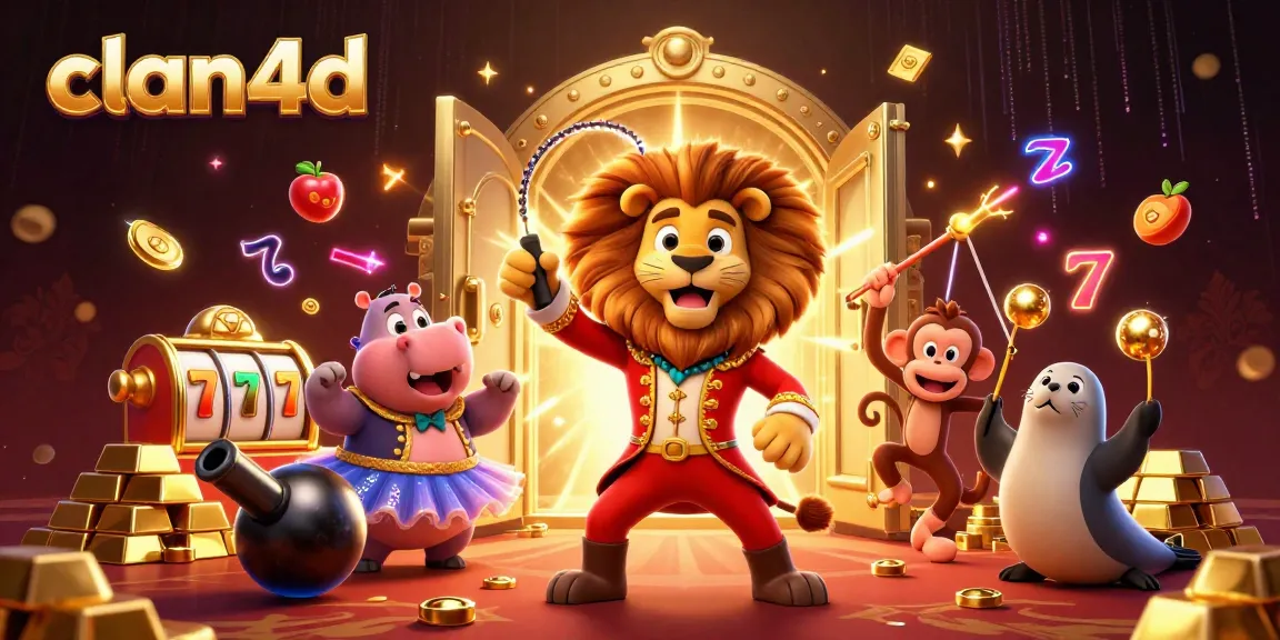 Join the excitement at clan4d with a vibrant circus-themed casino scene showcasing slots and characters.