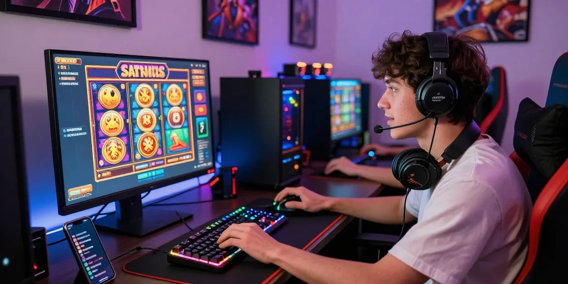 Engaged player enjoying situs 888 slot games in a cozy gaming setup with vibrant atmosphere.