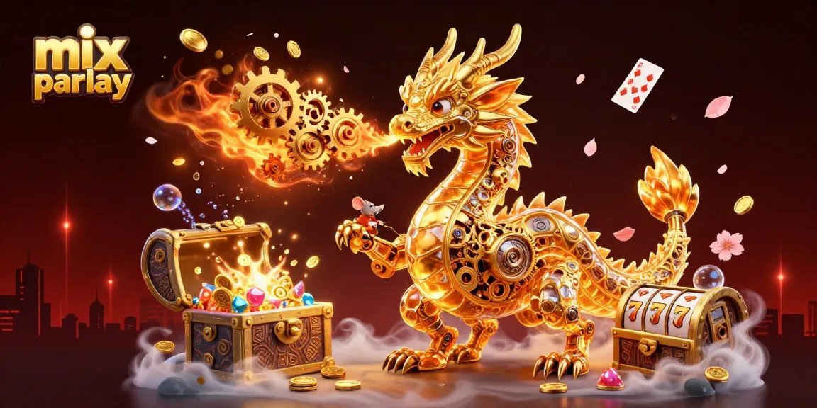 Engage in thrilling action with mix parlay at a casino, featuring a grand dragon and vibrant game elements.