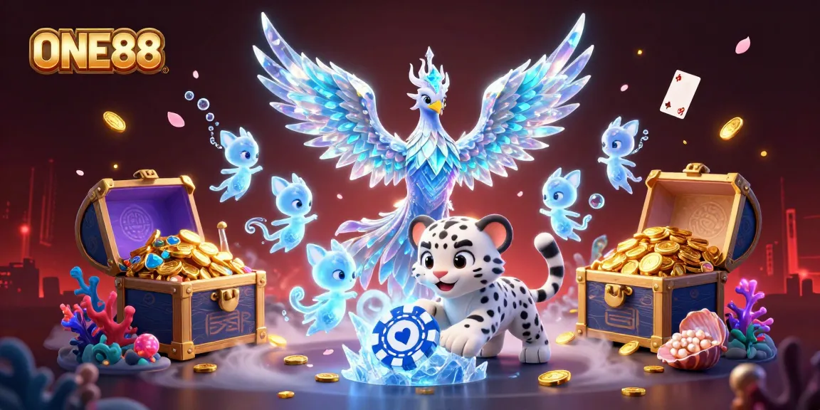 Engage with thrilling games at ONE88, where an ice phoenix and playful snow leopard create a vibrant gambling atmosphere.