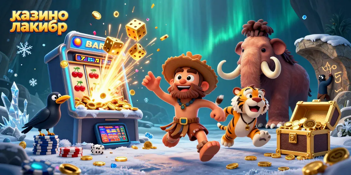 Experience the thrilling action at казино лакибир with a lively prehistoric casino scene featuring a caveman and his tiger friend.
