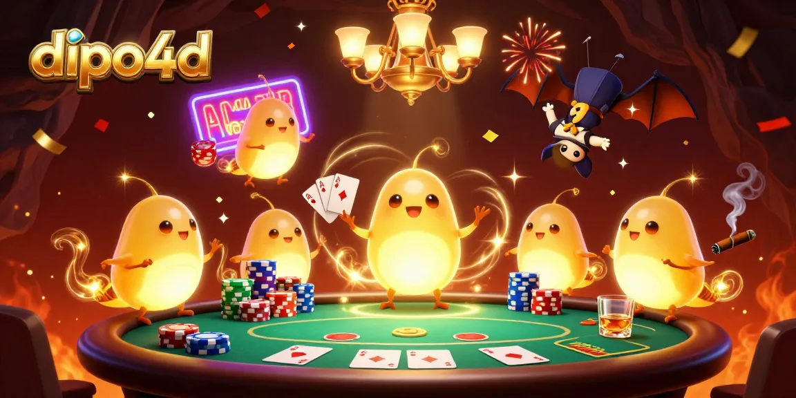 Engage with dipo4d by exploring a vibrant 3D casino scene filled with glowing characters and poker action.