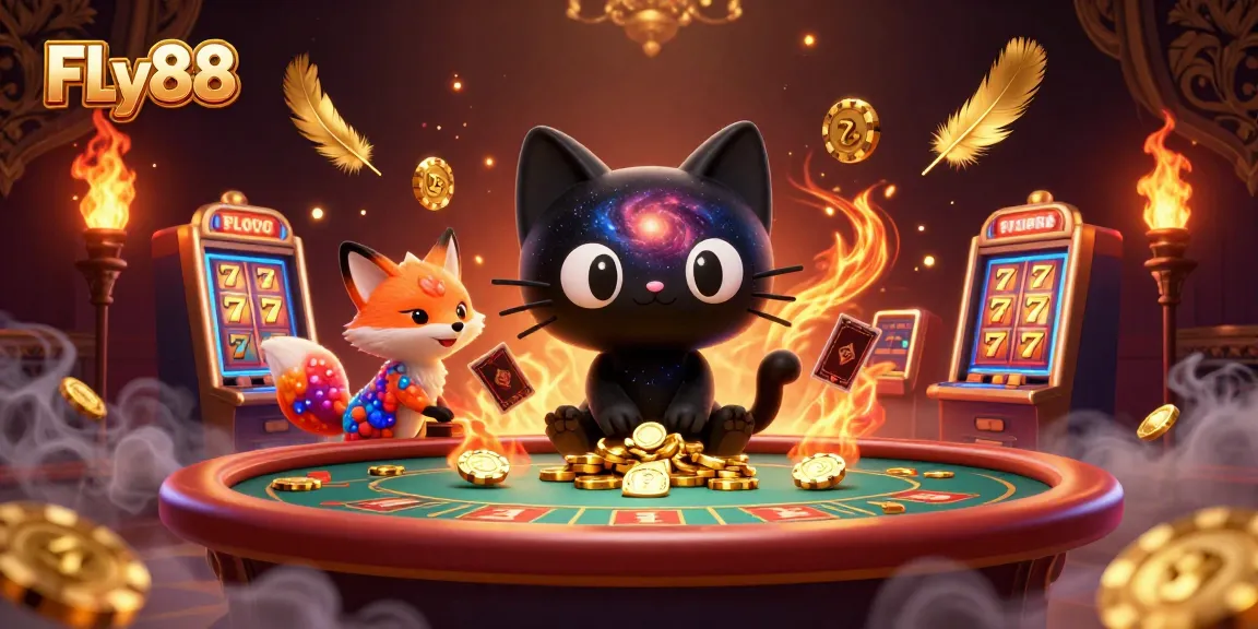 Engage in thrilling games at FLY88 with a cosmic casino scene featuring a black hole cat and nebula fox.