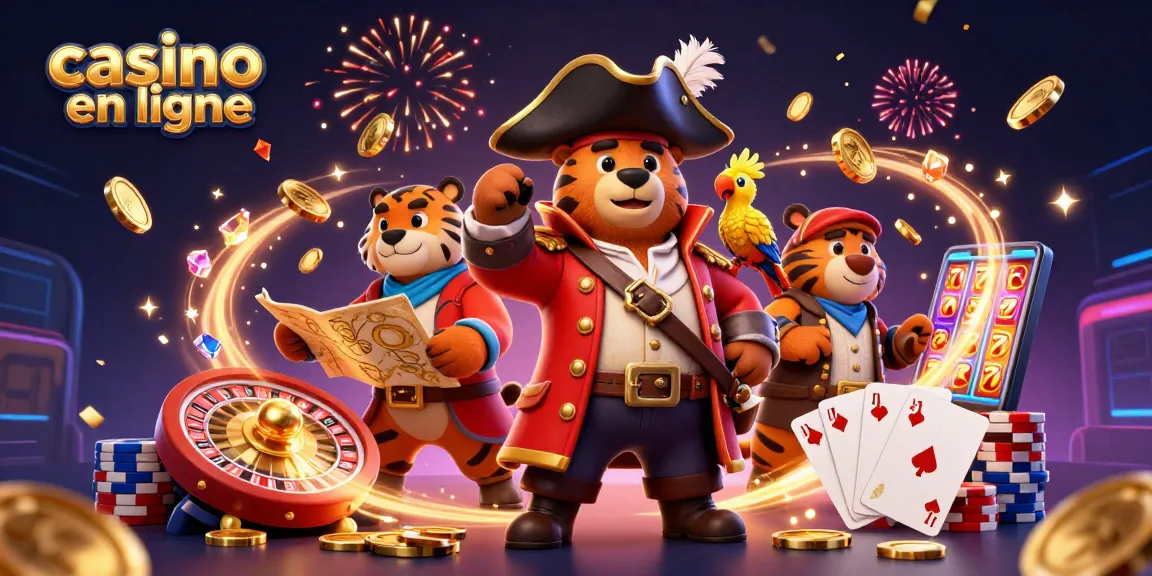 Une scène magique de casino en ligne avec un ours pirate et un tigre, entourés de pièces d'or et de jeux de cartes.