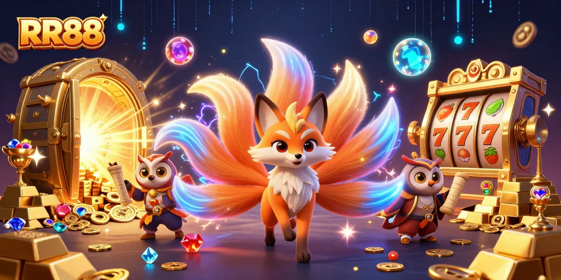 RR88 animation showcases the glowing nine-tailed fox, wise owl, and slot symbols bursting in gold.