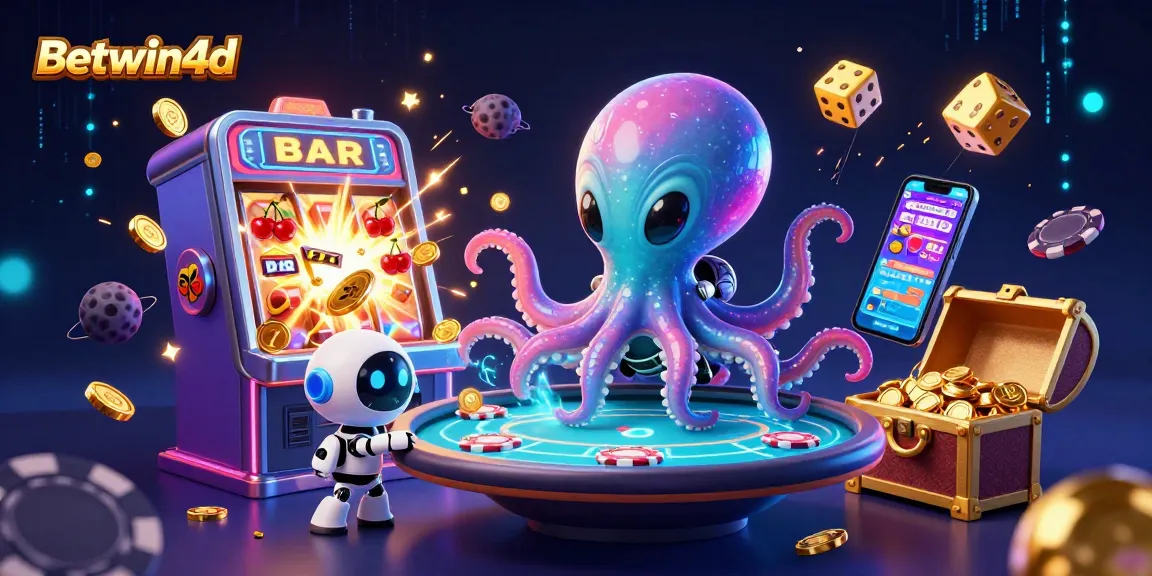 Betwin4d's vibrant casino scene with an alien octopus playing poker and jackpot explosion