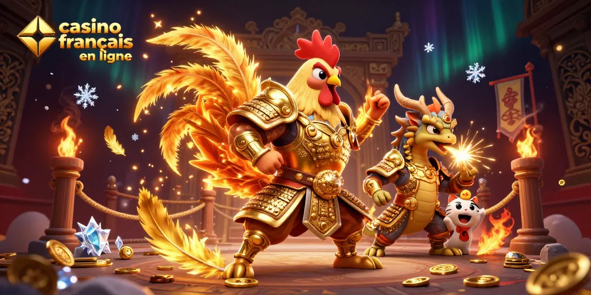 Jouez à un casino francais en ligne avec un guerrier en armure dorée et un dragon fascinant.