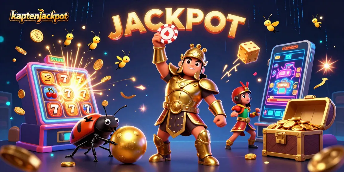Join the excitement at kaptenjackpot with a vibrant illustration of a hero beetle celebrating a casino win.