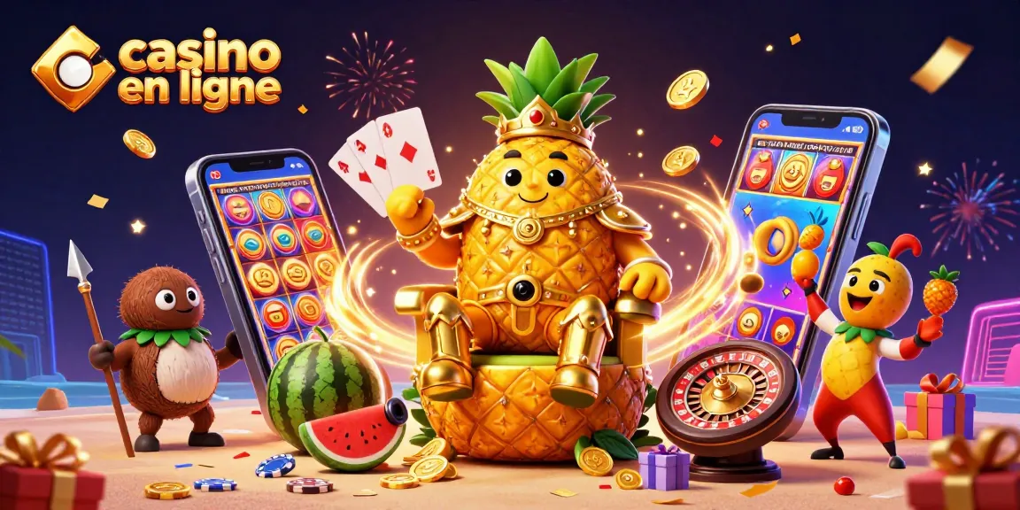 Vivez l'aventure du casino en ligne avec notre roi ananas et ses compagnons colorés dans une scène festive.