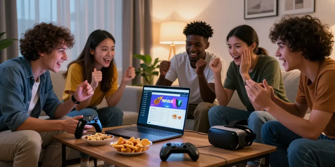 Group enjoying newbet4d online gaming experience with laptops and snacks.