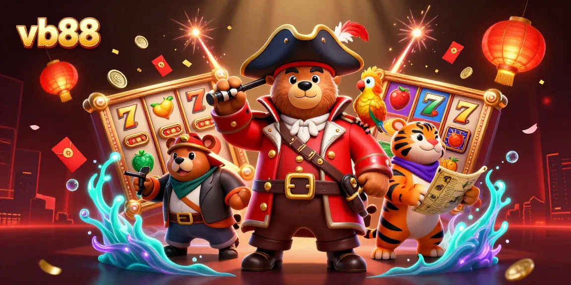 Engage with vb88's thrilling slots featuring a pirate captain and vibrant casino elements.