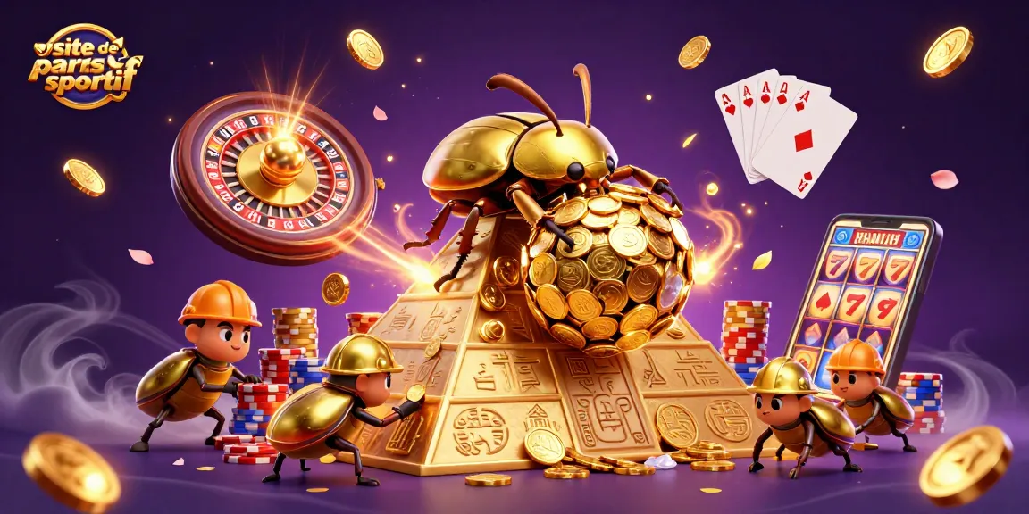 Pariez sur le site de paris sportif avec un scarabée doré entouré de pièces et d'éléments de casino scintillants.