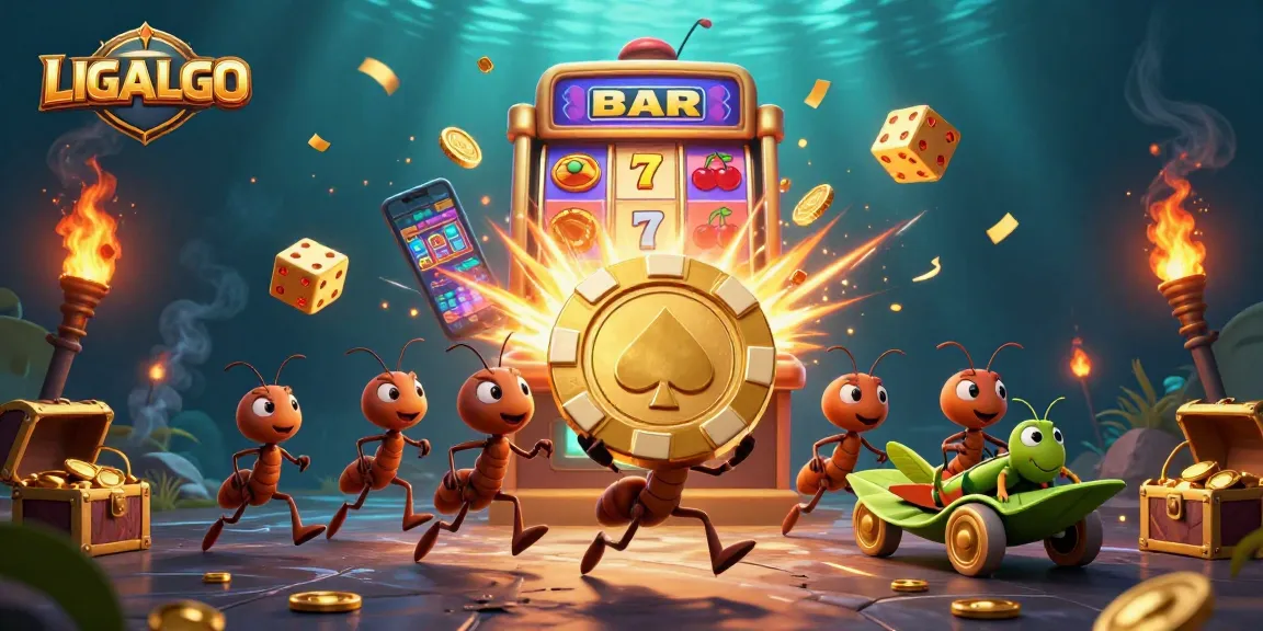 LIGALGO highlights a thrilling heist scene with animated ants and a golden poker chip amid a dynamic casino backdrop.