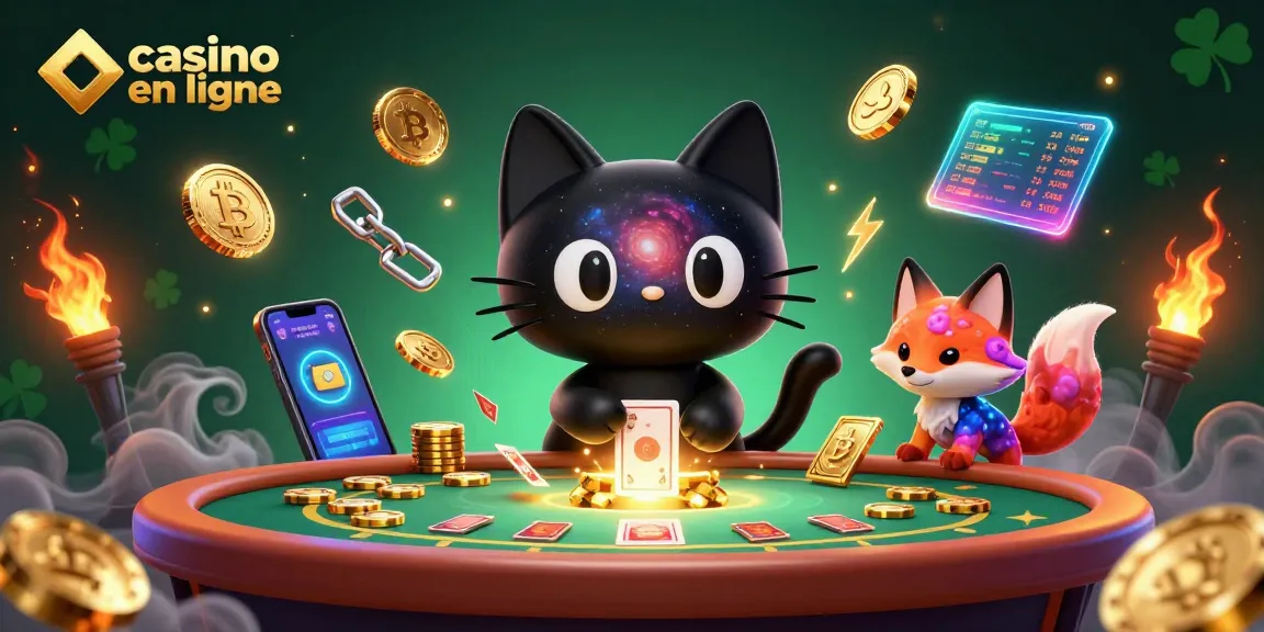 Jouez à un casino en ligne avec le chat noir gravitationnel et le renard nébuleux, entourés de jetons d'or.