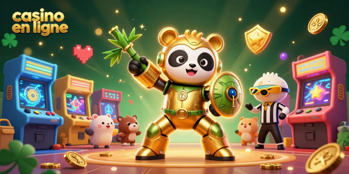 Illustration 3D dynamique représentant un panda doré en armure, promouvant les jeux de casino en ligne avec passion.