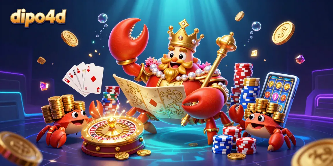 Engage with dipo4d's vibrant 3D casino scene featuring a golden crab emperor and treasure elements.