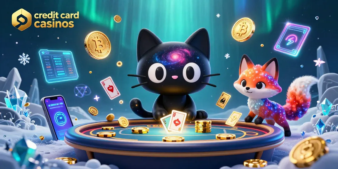 Experience exciting credit card casinos with a cosmic cat and nebula fox amidst neon gaming elements.