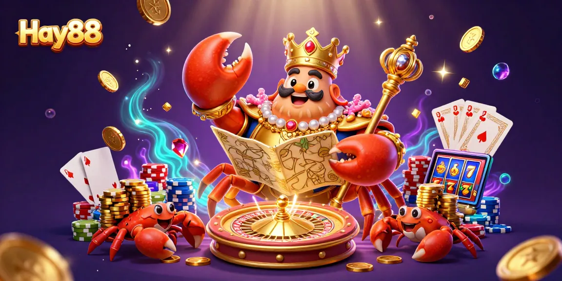 Experience excitement with Hay88's golden crab emperor amid cascading coins, roulette wheels, and vibrant gaming icons.