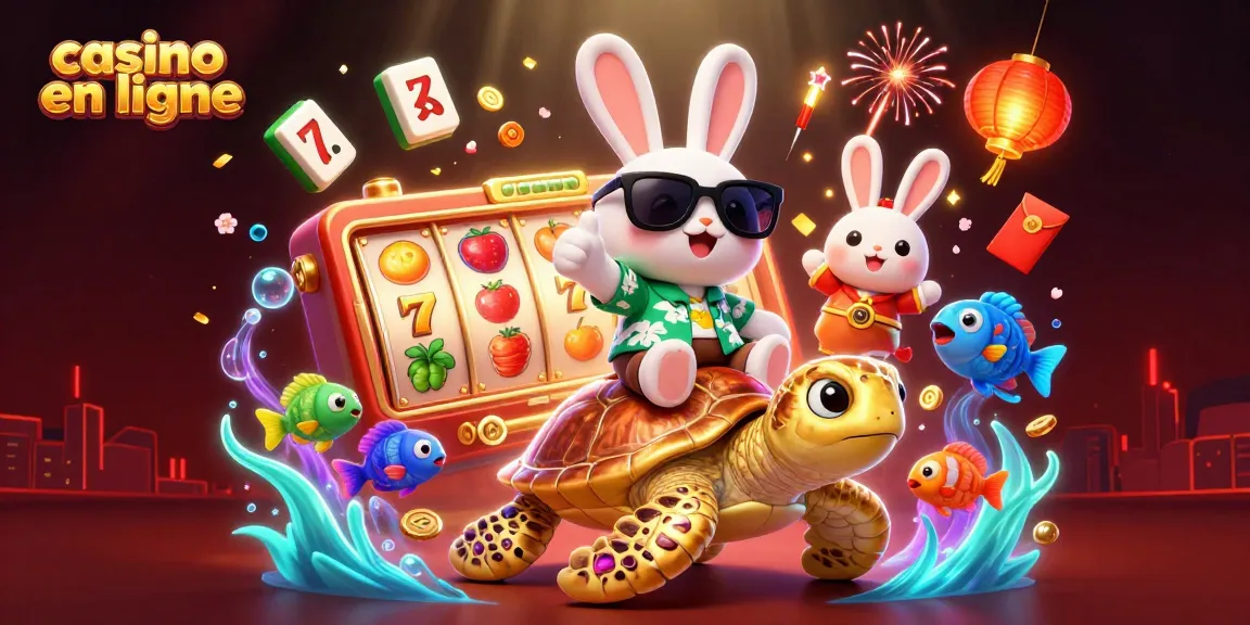 Illustration dynamique pour "casino en ligne" avec un lapin chanceux et une tortue dorée entourés de symboles de jeu.