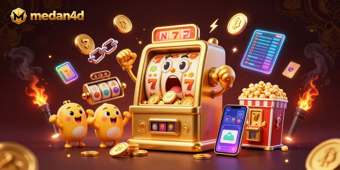 Mesin slot memicu jackpot di medan4d dengan koin berjatuhan dan mesin kecil bersorak.