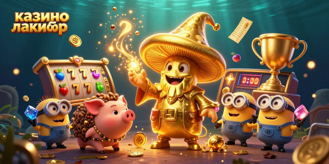 Win big with казино лакибир featuring a magical wizard, treasure-hunting pig, and golden slot elements.