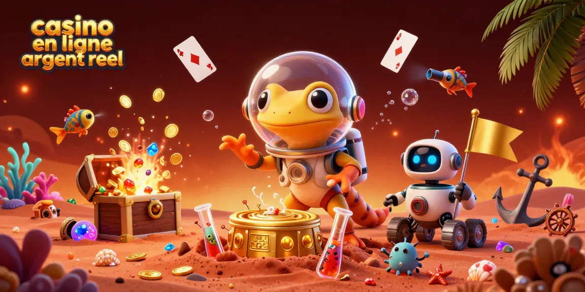Illustration d'un casino en ligne argent réel avec un gecko martien découvrant une plateforme de jeux au milieu du sable rouge de Mars.
