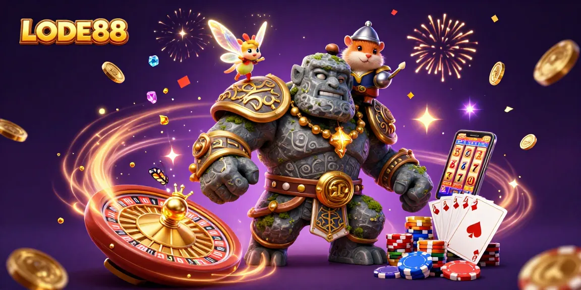 Experience LODE88 excitement with animated characters and vibrant casino elements in a magical 3D scene.