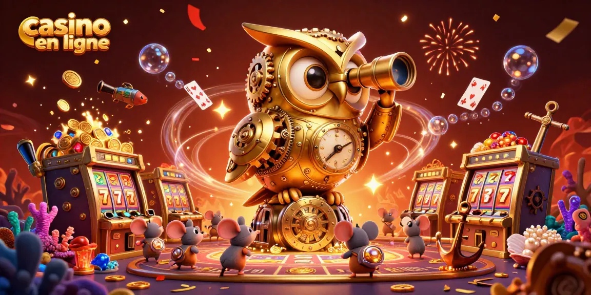 Un instantané dynamique de casino en ligne, avec un hibou doré et des souris jouant parmi les machines à sous.