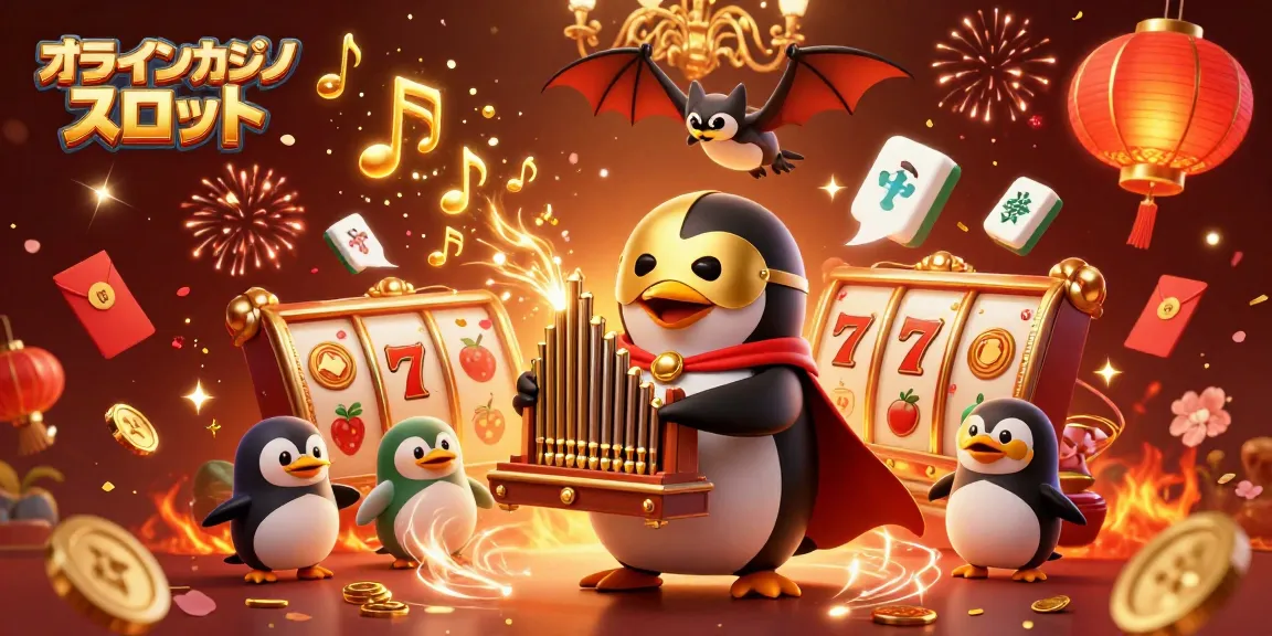 オンラインカジノ スロットのために金色のコインを放つパイプオルガンを演奏するペンギンの魅力的なイラスト