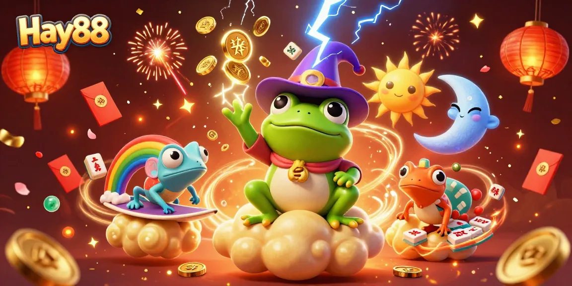 Witness Hay88's thrilling gaming experience as the weather wizard frog conjures golden coins amidst dynamic casino elements.