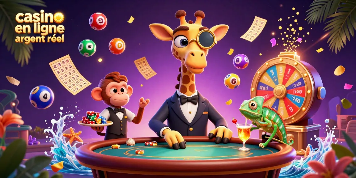 Jouer au casino en ligne argent réel avec des personnages colorés dans une illustration animée.