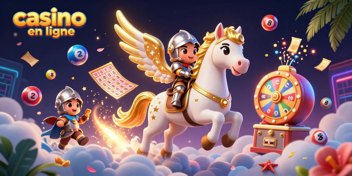Illustration d'un cheval céleste en 3D galopant au-dessus des nuages, représentant un casino en ligne animé.