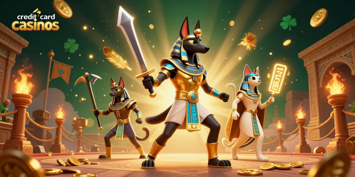 Engage with credit card casinos featuring Anubis and Bastet in an enchanting casino scene.