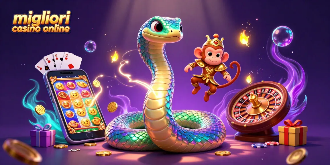 I migliori casino online: slot e giochi dal vivo illuminati da un serpente multicolore e un re scimmia gioioso.