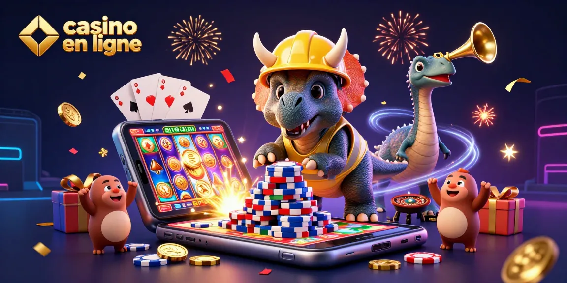 Construisez des stratégies de jeu avec casino en ligne, illustré par un triceratops célébrant en construisant des jetons.