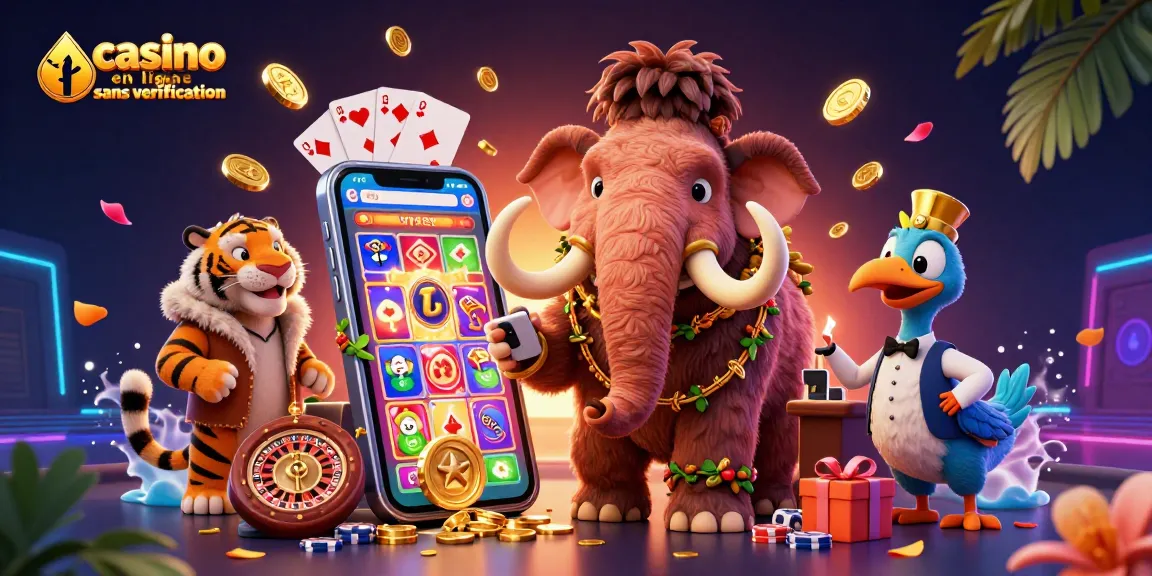 Vivez l'excitation du casino en ligne sans vérification avec une illustration dynamique de personnages amusants et d'éléments de jeu.