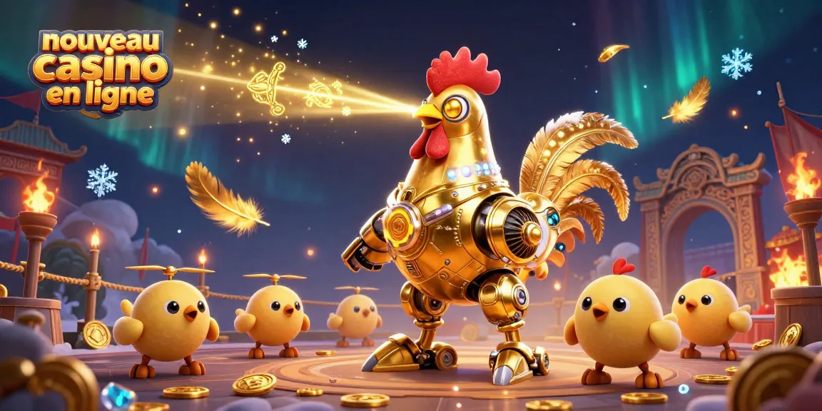 Illustration colorée dynamique sur un nouveau casino en ligne avec un robot coq doré et des drones poussins