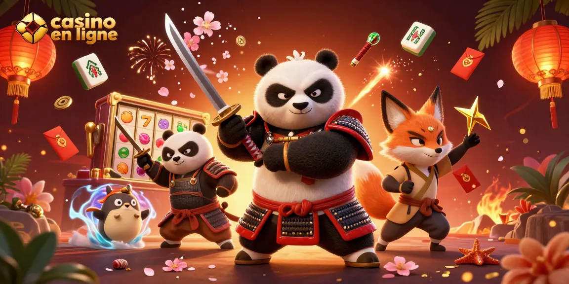 Jouer au casino en ligne avec une aventure animée de panda samouraï et renard ninja.