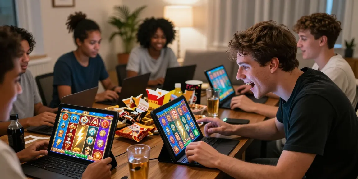Players enjoying slot zeus game in a vibrant home setting with snacks.