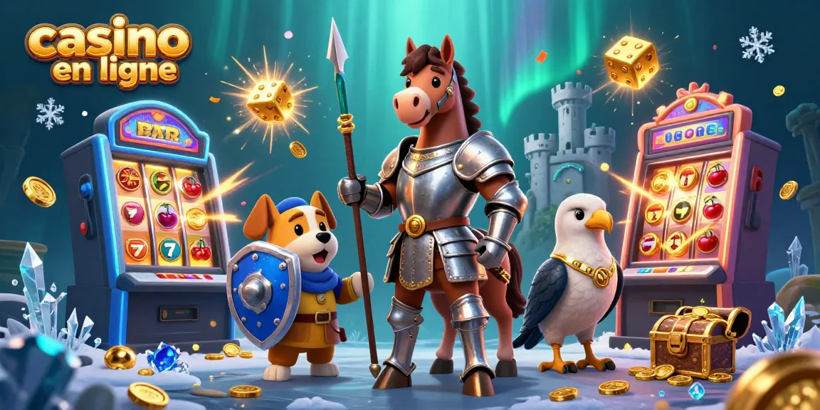 Illustration dynamique de personnages animés autour d'une machine à sous, abordant le thème du casino en ligne avec des éléments de jeu excitants.