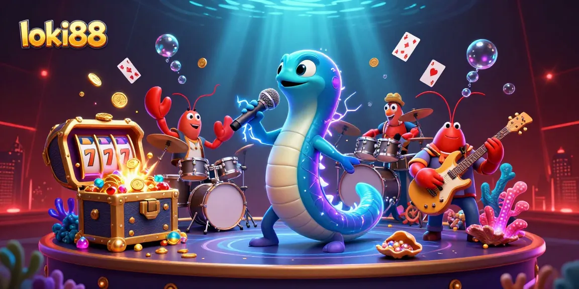 Loki88 showcases a vibrant underwater casino scene featuring a DJ electric eel, lobster drummer, and seahorse guitarist with dynamic gaming elements.