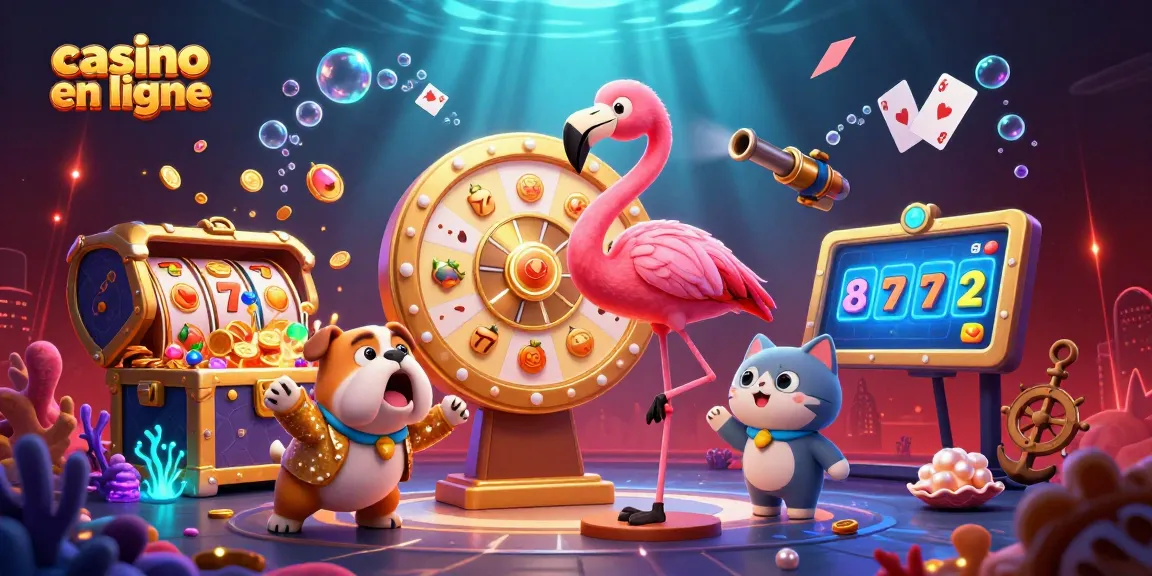 Illustration dynamique de casino en ligne avec un flamant rose animateur et un bulldog joueur, entourés par des éléments de jeu.