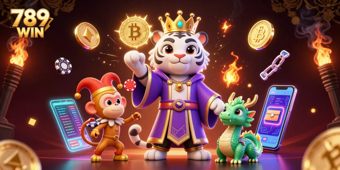 Engage with 789 WIN's vibrant casino scene featuring a royal tiger and jester monkey.
