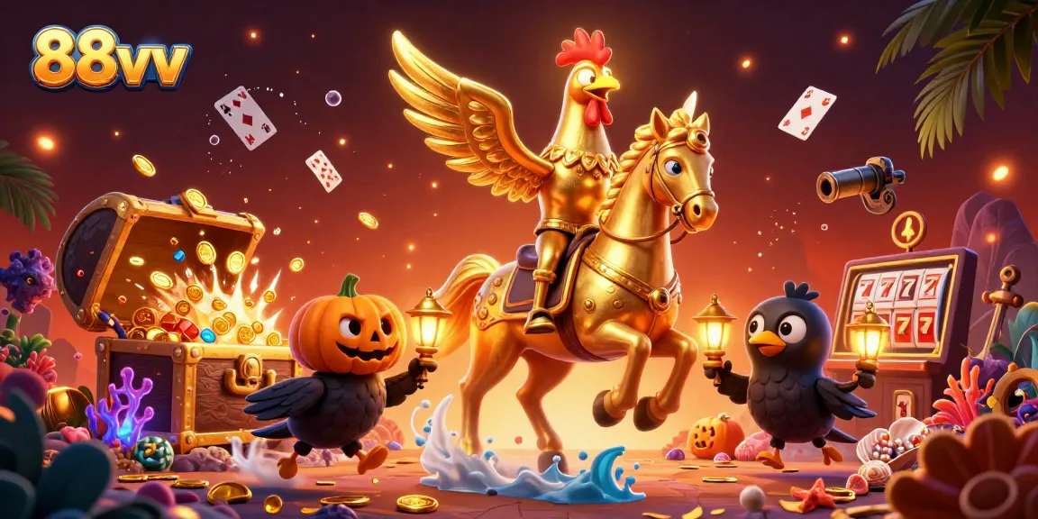 Experience winning thrills at 88vv with a vibrant casino scene of a golden rooster and glowing treasures.